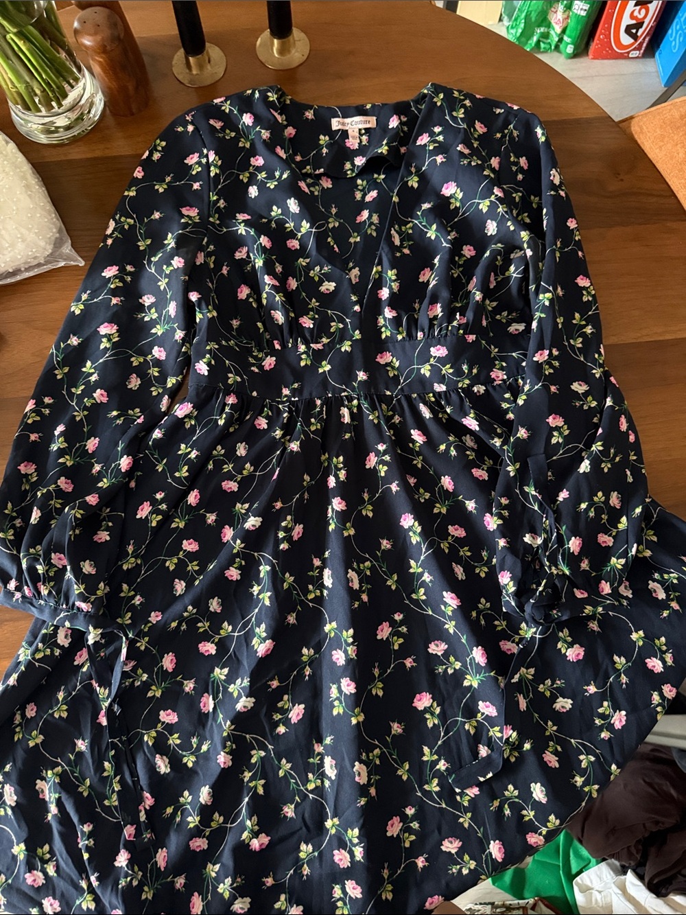 Juicy Couture Navy Floral Long Sleeve Fit-and-Flare Dress - Picture 1 of 5